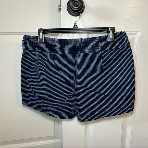 Loft Cotton Elastic Waist Drawstring Blue With White Striped Denim Shorts - Picture 2 of 5